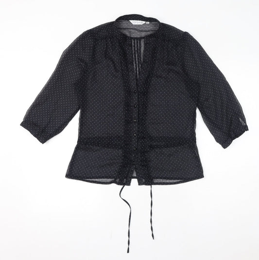 Topshop Womens Black Polka Dot Polyester Basic Button-Up Size 12 V-Neck - Sheer
