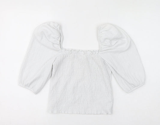 H&M Womens White Polyester Cropped Blouse Size S Square Neck - Shirred