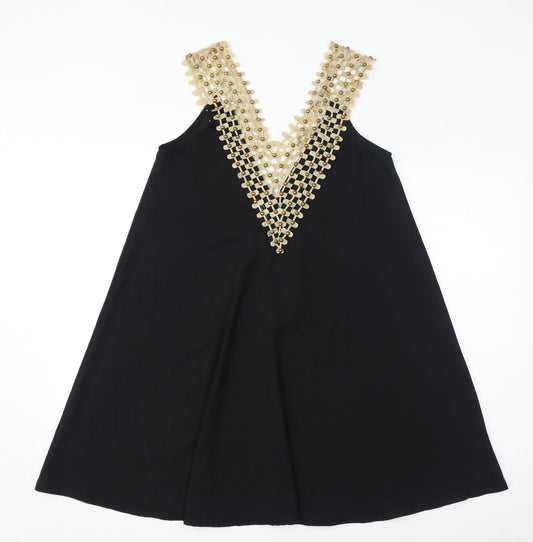 BISOU BISOU Womens Black Polyester Mini Size S V-Neck Pullover - Size S/M, Crochet Details