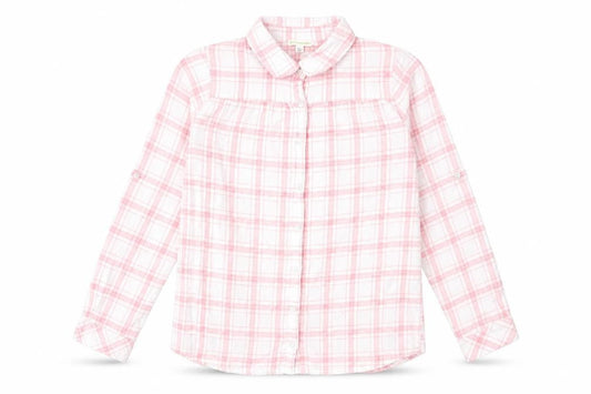 Front view of Vertba girls’ pink plaid cotton basic button-up, size 12, years collared button