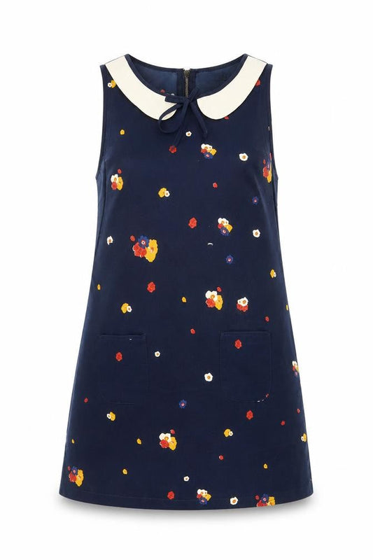 Dotti Womens Blue Floral Polyester A-Line Size 12 Boat Neck Zip - Pockets, Collared