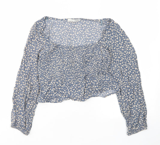 Pull&Bear Girls Blue Floral Viscose Cropped T-Shirt Size S Square Neck Pullover