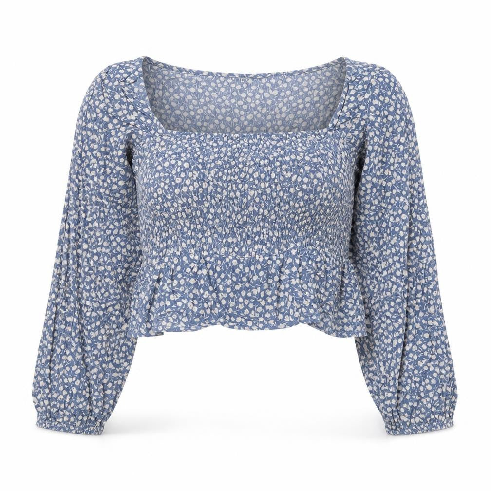 Pull&Bear Girls Blue Floral Viscose Cropped T-Shirt Size S Square Neck Pullover