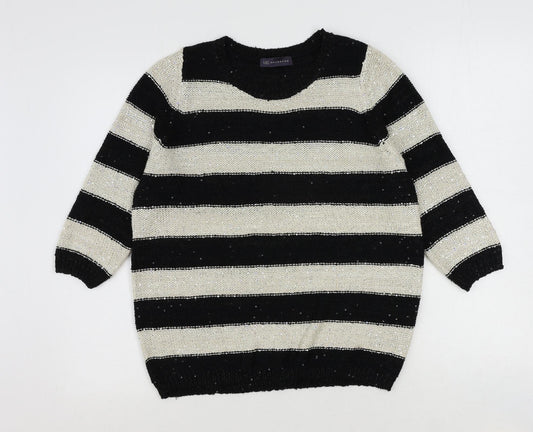 Marks and Spencer Womens Black Round Neck Striped Polyester Pullover Jumper Size 12 - Sequin