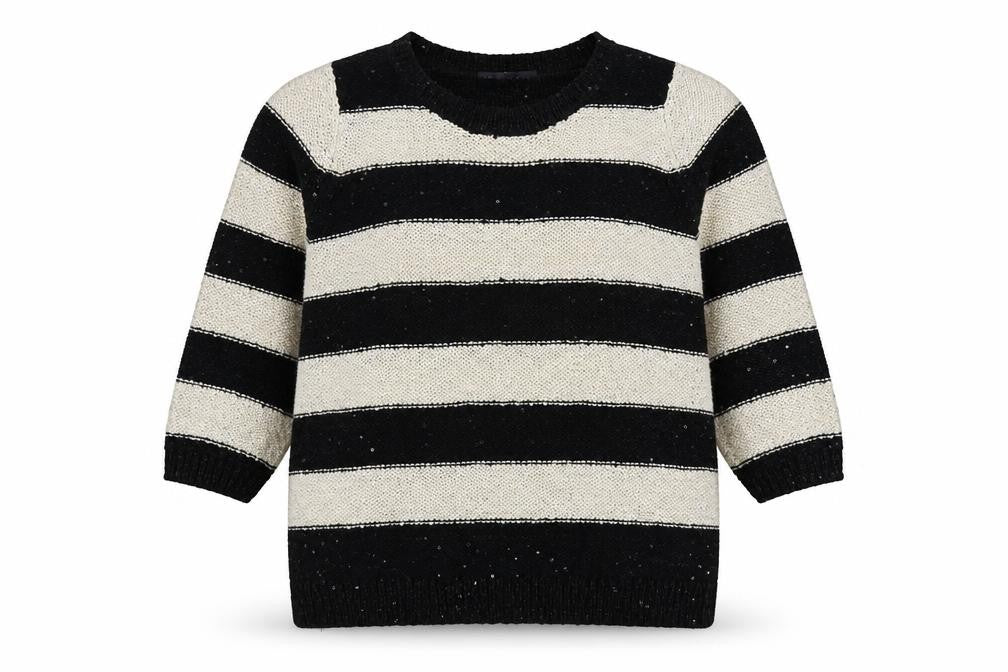 Marks & Spencer Womens Black Round Neck Striped Polyester Pullover Jumper Size 12 - Sequin