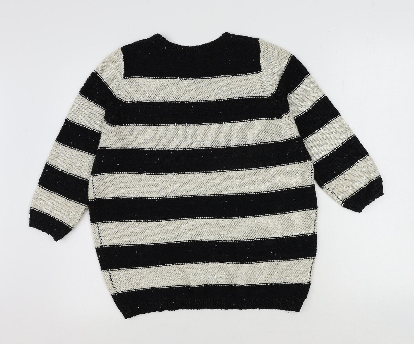 Marks and Spencer Womens Black Round Neck Striped Polyester Pullover Jumper Size 12 - Sequin