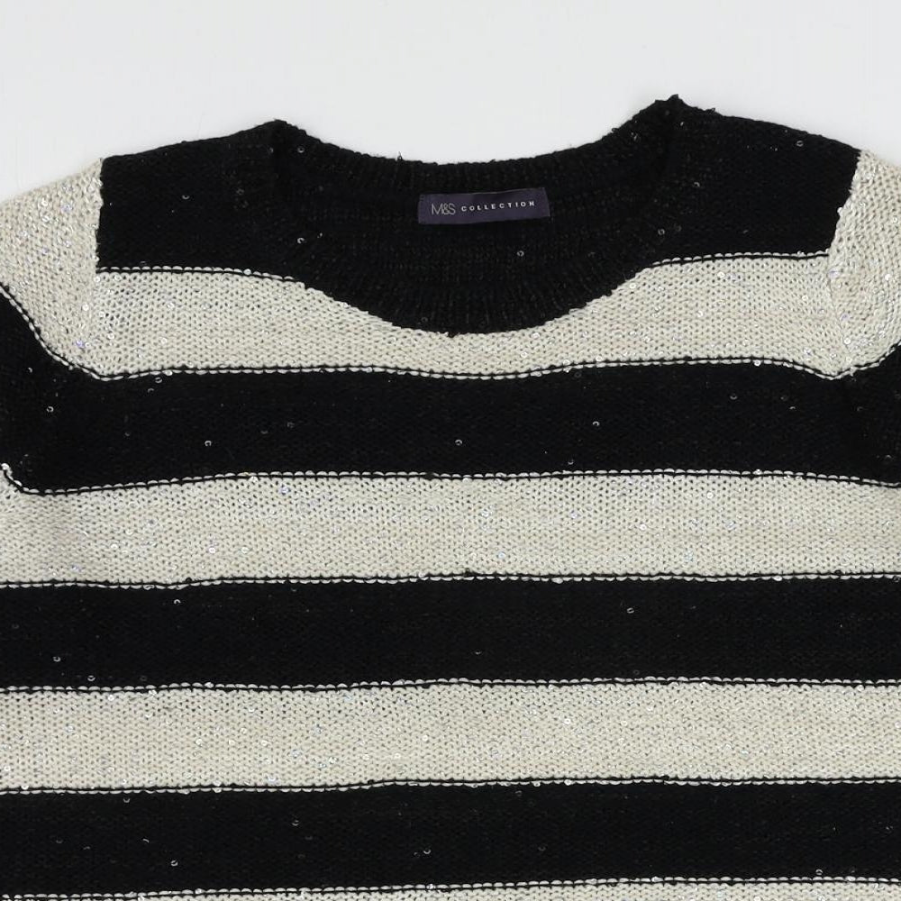 Marks and Spencer Womens Black Round Neck Striped Polyester Pullover Jumper Size 12 - Sequin
