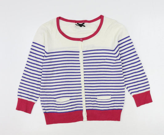 Text Womens Ivory Round Neck Striped Viscose Cardigan Jumper Size M