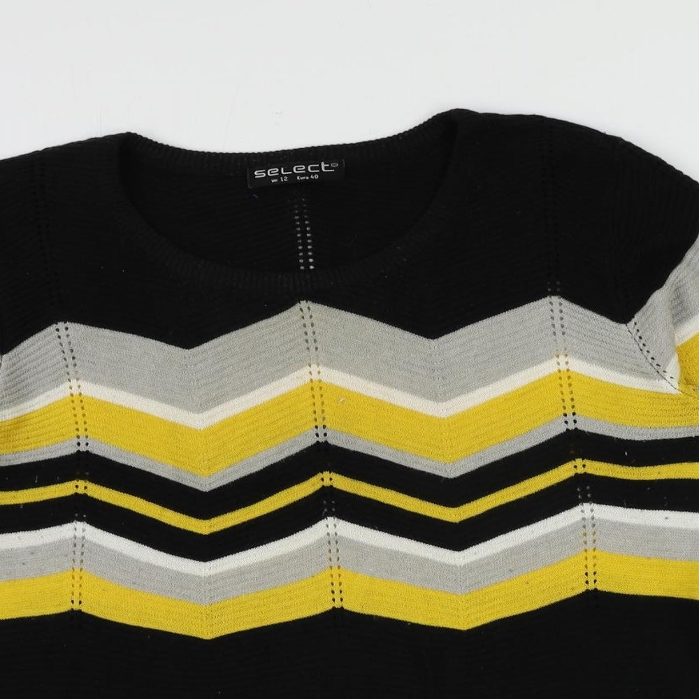 Select Womens Black Round Neck Herringbone Cotton Pullover Jumper Size 12