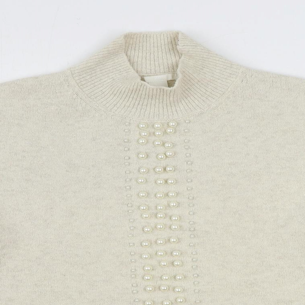 H&M Womens Ivory High Neck Acrylic Pullover Jumper Size M - Beaded