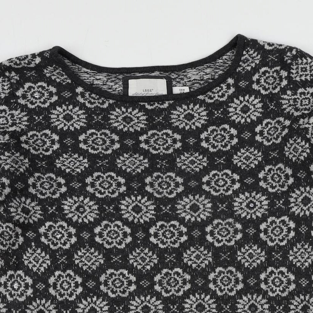 H&M Womens Grey Round Neck Geometric Cotton Pullover Jumper Size M