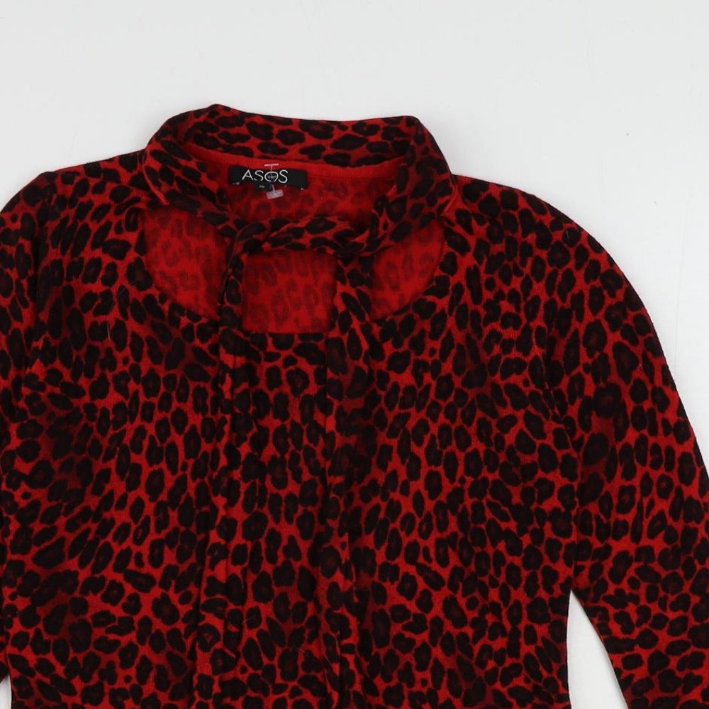 ASOS Womens Red Scoop Neck Animal Print Acrylic Pullover Jumper Size 8 - Leopard Print