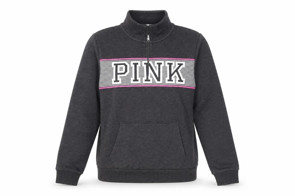 PINK Womens Grey Cotton Pullover Sweatshirt Size L Zip - Logo