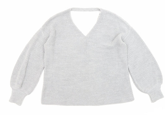 Miss Selfridge Womens Grey V-Neck Acrylic Pullover Jumper Size 8