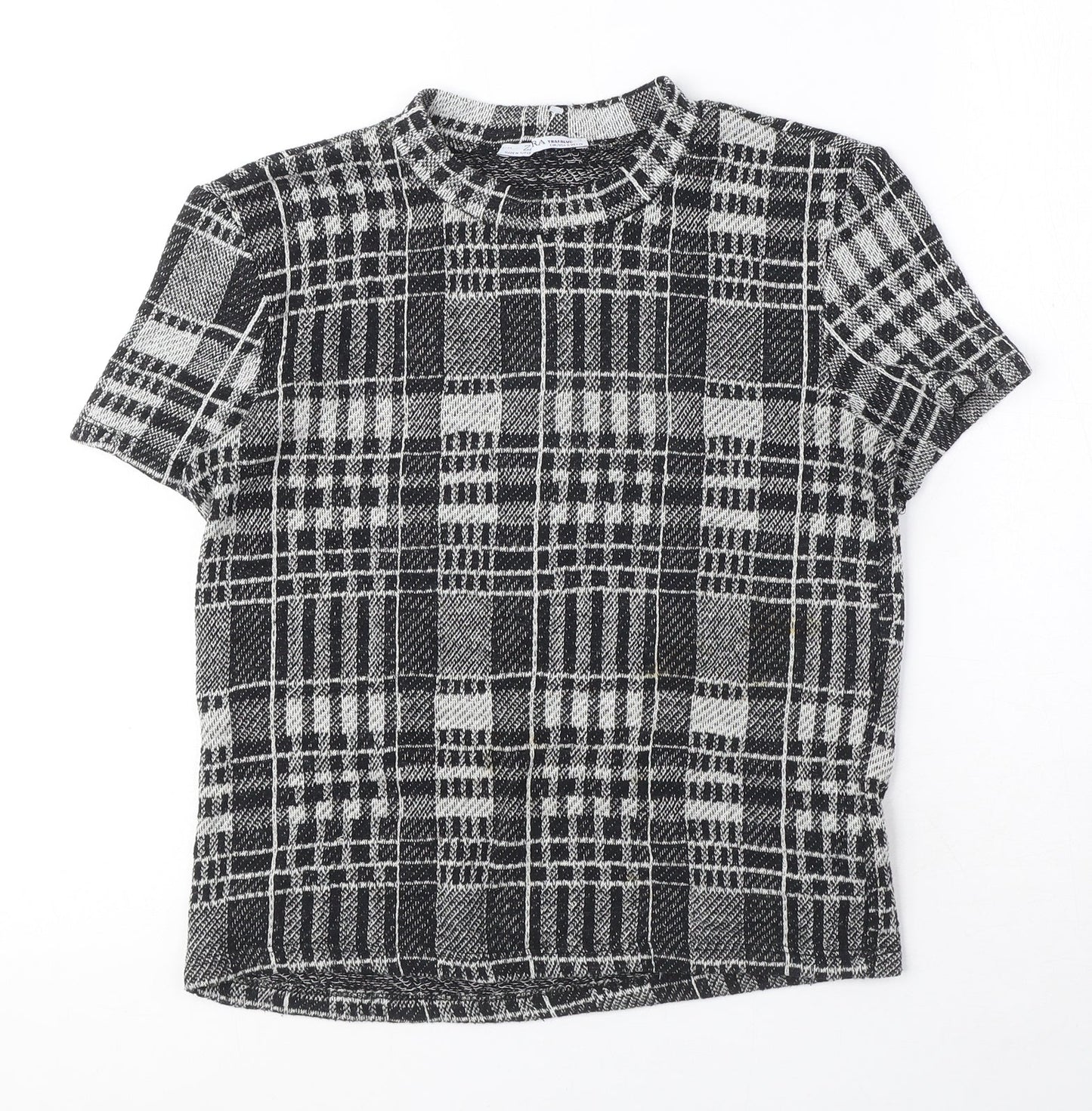 Zara Womens Black Plaid Polyester Basic T-Shirt Size S Round Neck