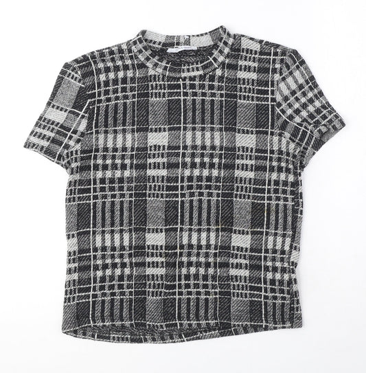 Zara Womens Black Plaid Polyester Basic T-Shirt Size S Round Neck