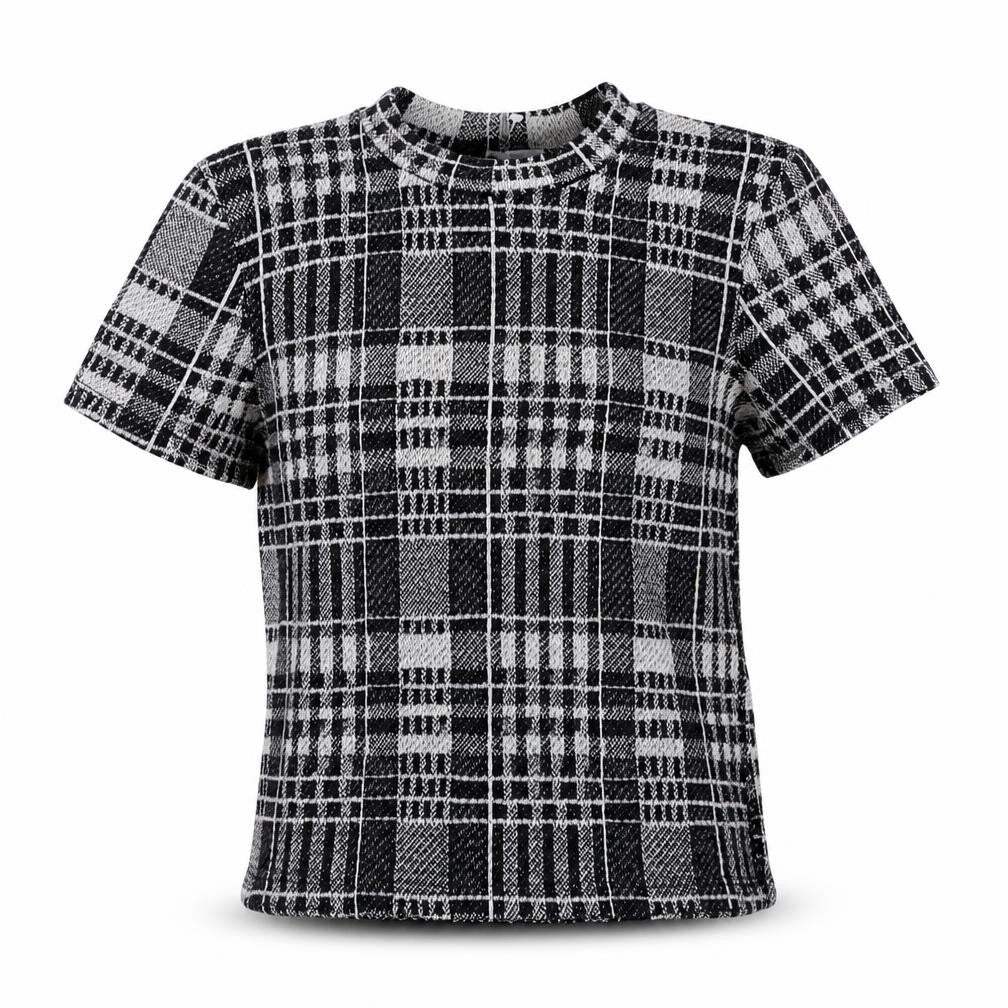 Zara Womens Black Plaid Polyester Basic T-Shirt Size S Round Neck