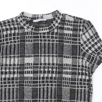 Zara Womens Black Plaid Polyester Basic T-Shirt Size S Round Neck