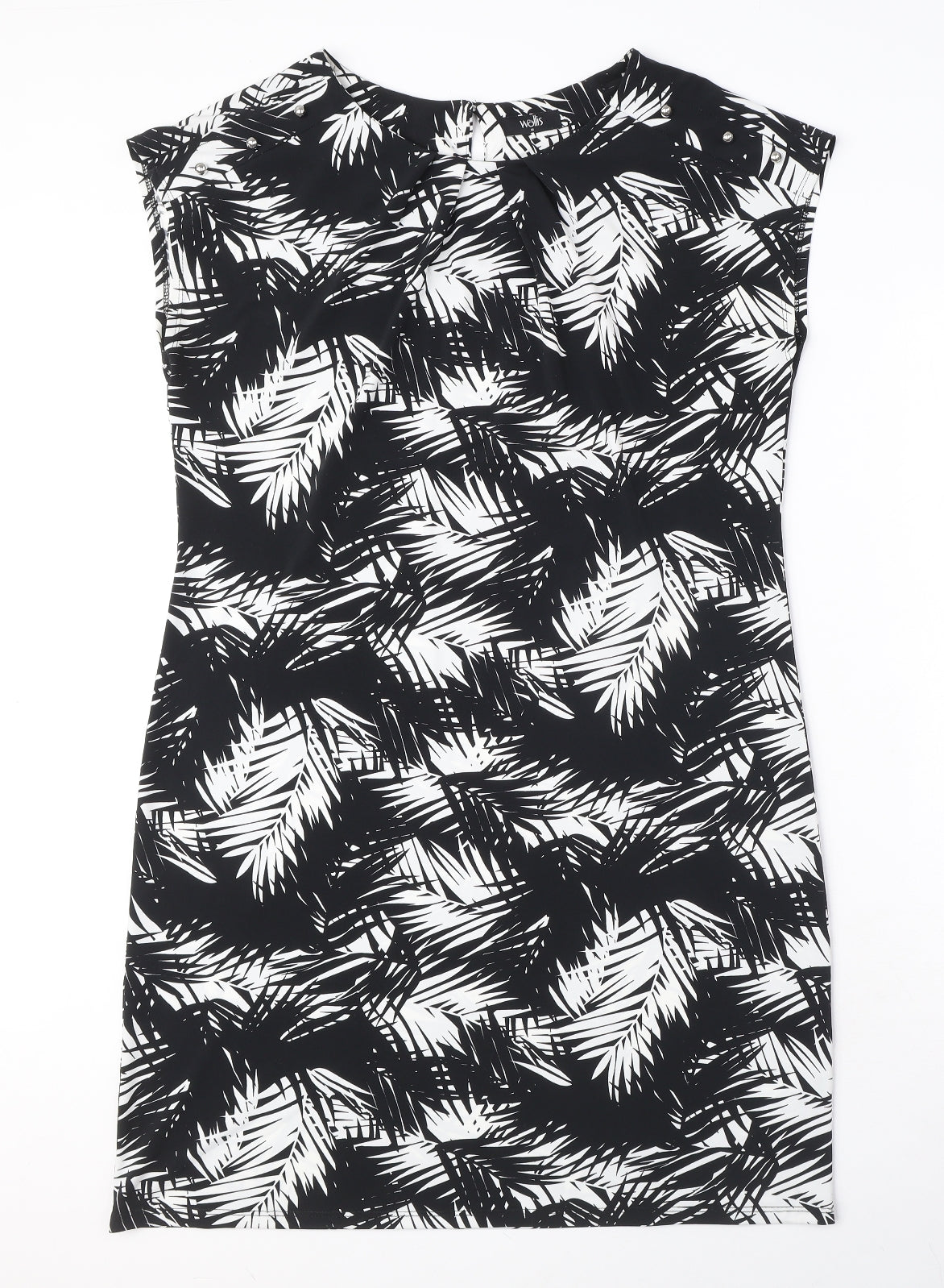 Wallis Womens Black Geometric Polyester A-Line Size M Round Neck Button - Leaf Pattern