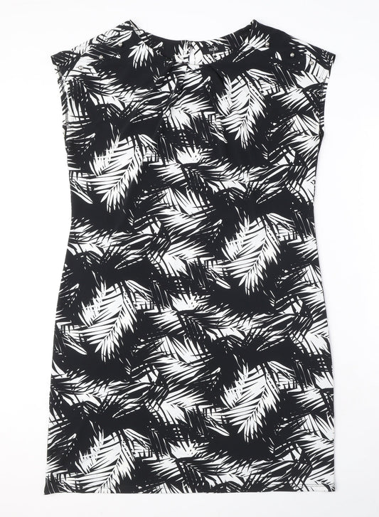 Wallis Womens Black Geometric Polyester A-Line Size M Round Neck Button - Leaf Pattern