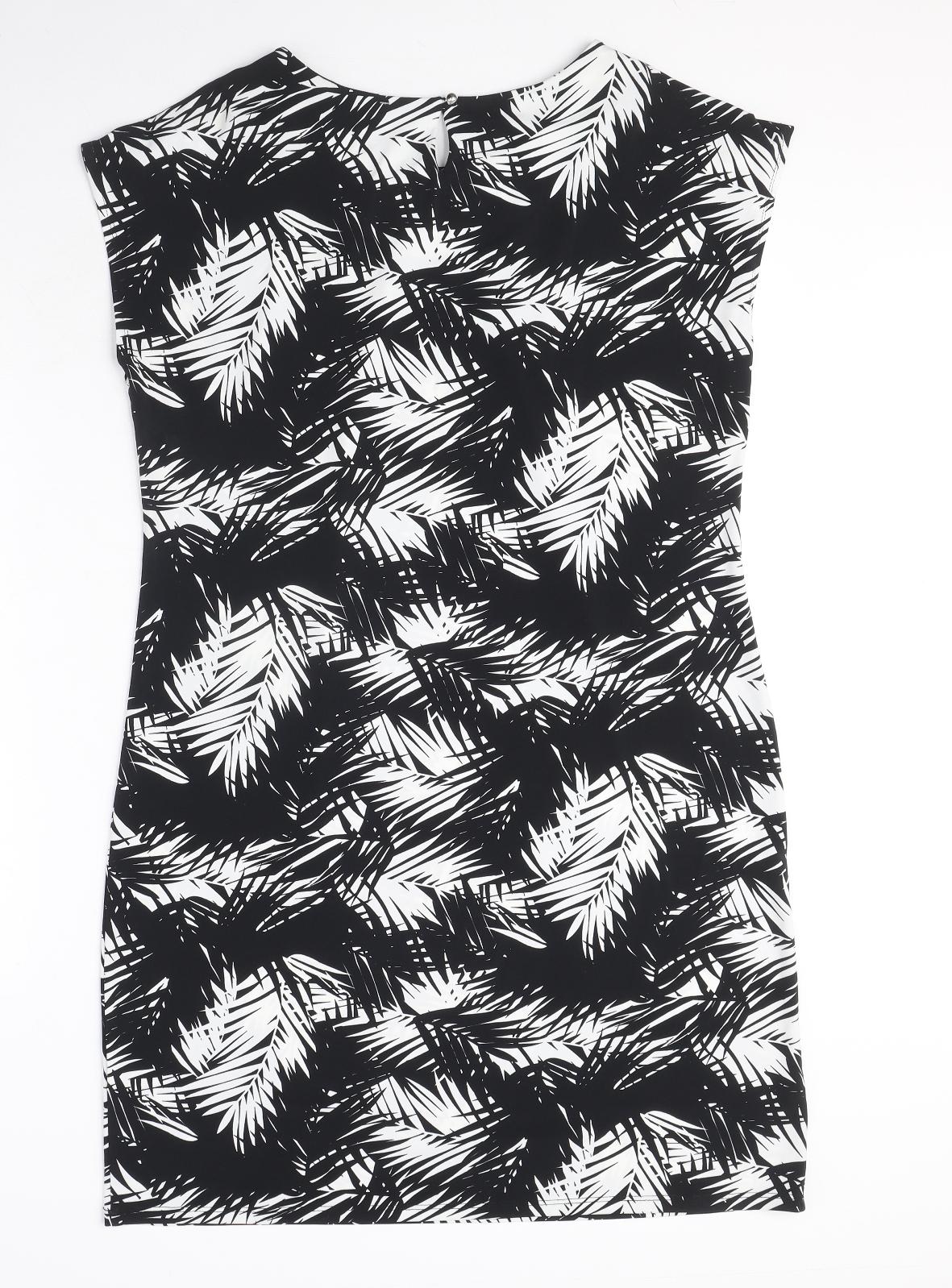 Wallis Womens Black Geometric Polyester A-Line Size M Round Neck Button - Leaf Pattern
