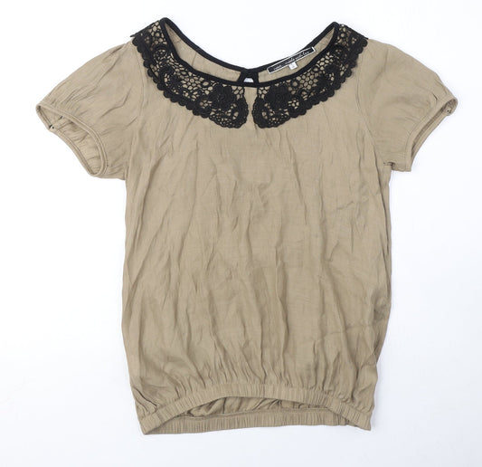 NEXT Womens Brown Viscose Basic T-Shirt Size 6 Round Neck - Crochet Collar
