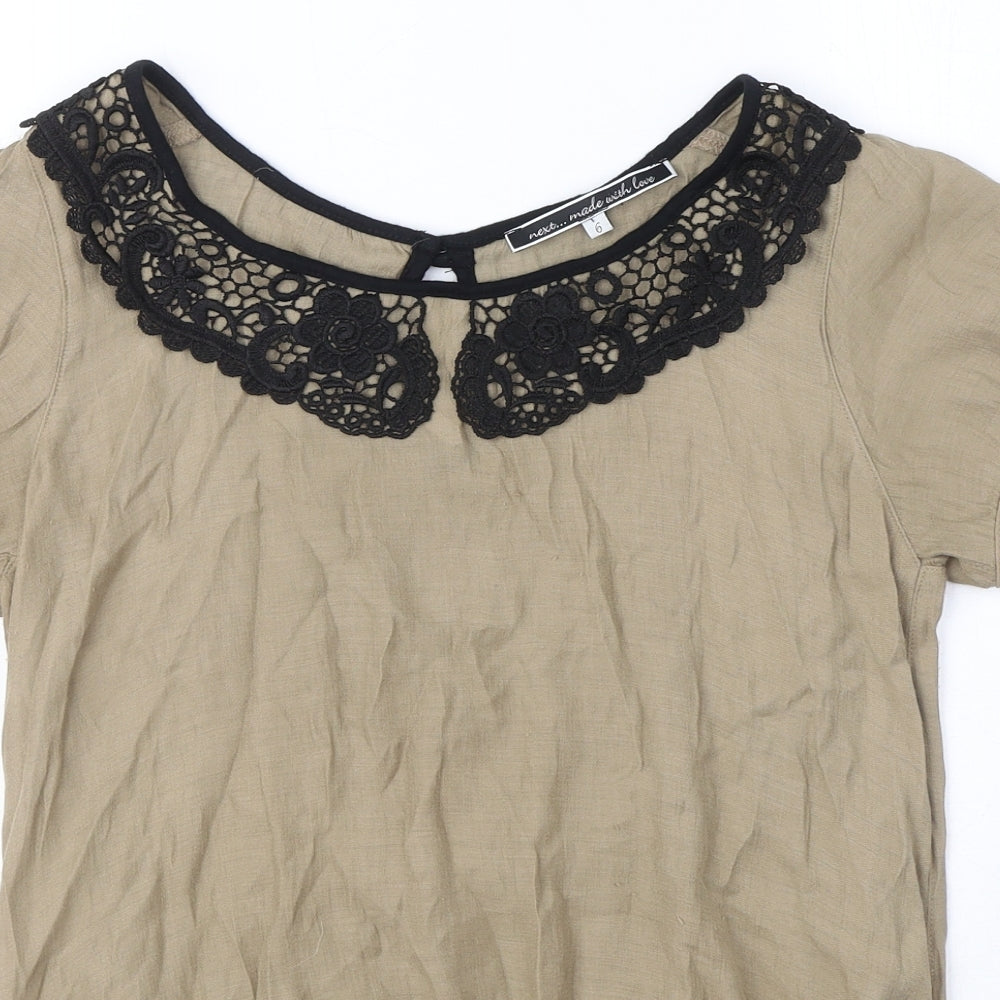 NEXT Womens Brown Viscose Basic T-Shirt Size 6 Round Neck - Crochet Collar
