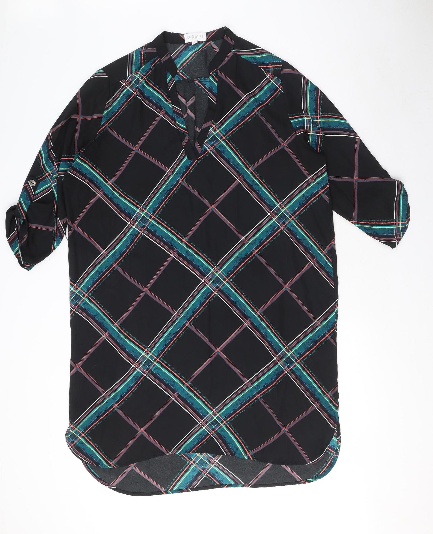 Apricot Womens Black Plaid Polyester Shirt Dress Size 14 V-Neck Pullover