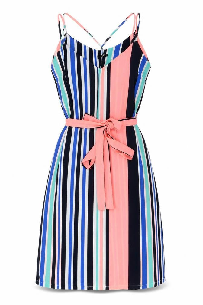 Quiz Womens Multicoloured Striped Polyester A-Line Size 8 V-Neck Pullover - Belted
