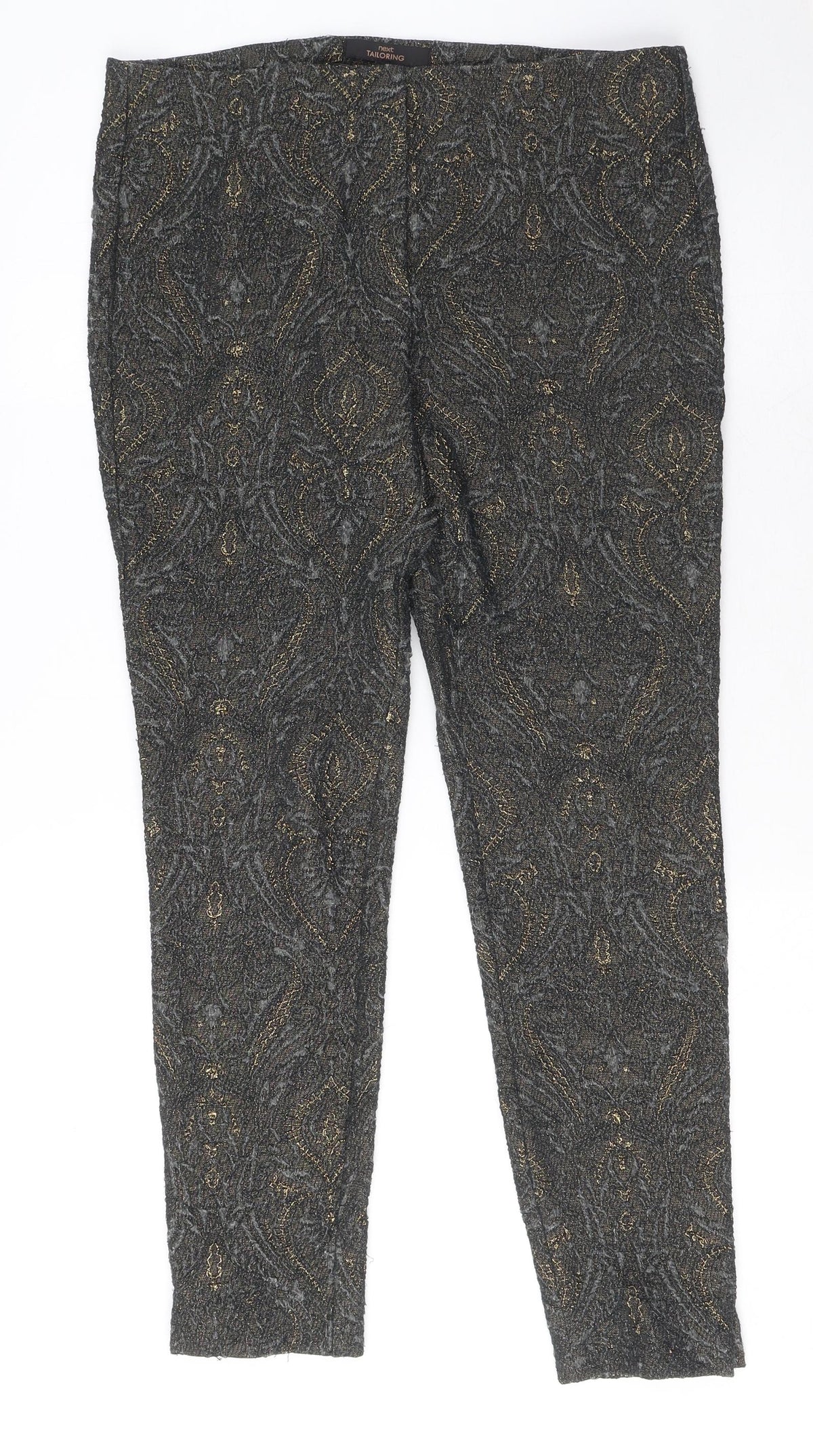 Next Womens Grey Geometric Polyester Trousers Size 10 L27 in Regular Zip - Gold Detail