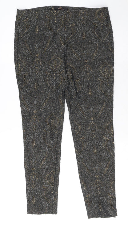 Next Womens Grey Geometric Polyester Trousers Size 10 L27 in Regular Zip - Gold Detail