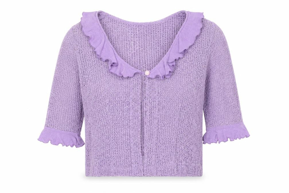 Lori Weidner Womens Purple Scoop Neck Polyester Cardigan Jumper Size 12 - Frill Detail, Sheer