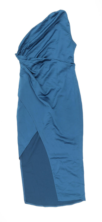 PRETTYLITTLETHING Womens Blue Polyester Bodycon Size 10 One Shoulder Zip