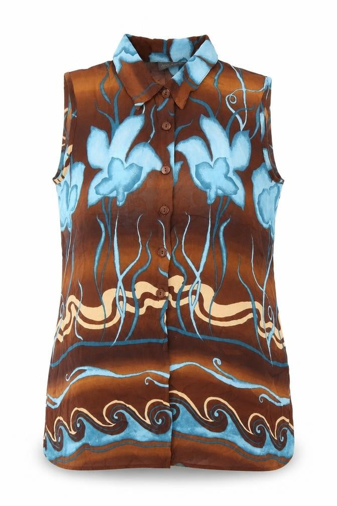 Imogen Womens Brown Geometric Viscose Basic Button-Up Size 12 Collared - Waves