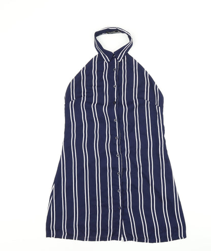 Boohoo Womens Blue Striped Polyester Basic Button-Up Size 8 Halter - Open Back