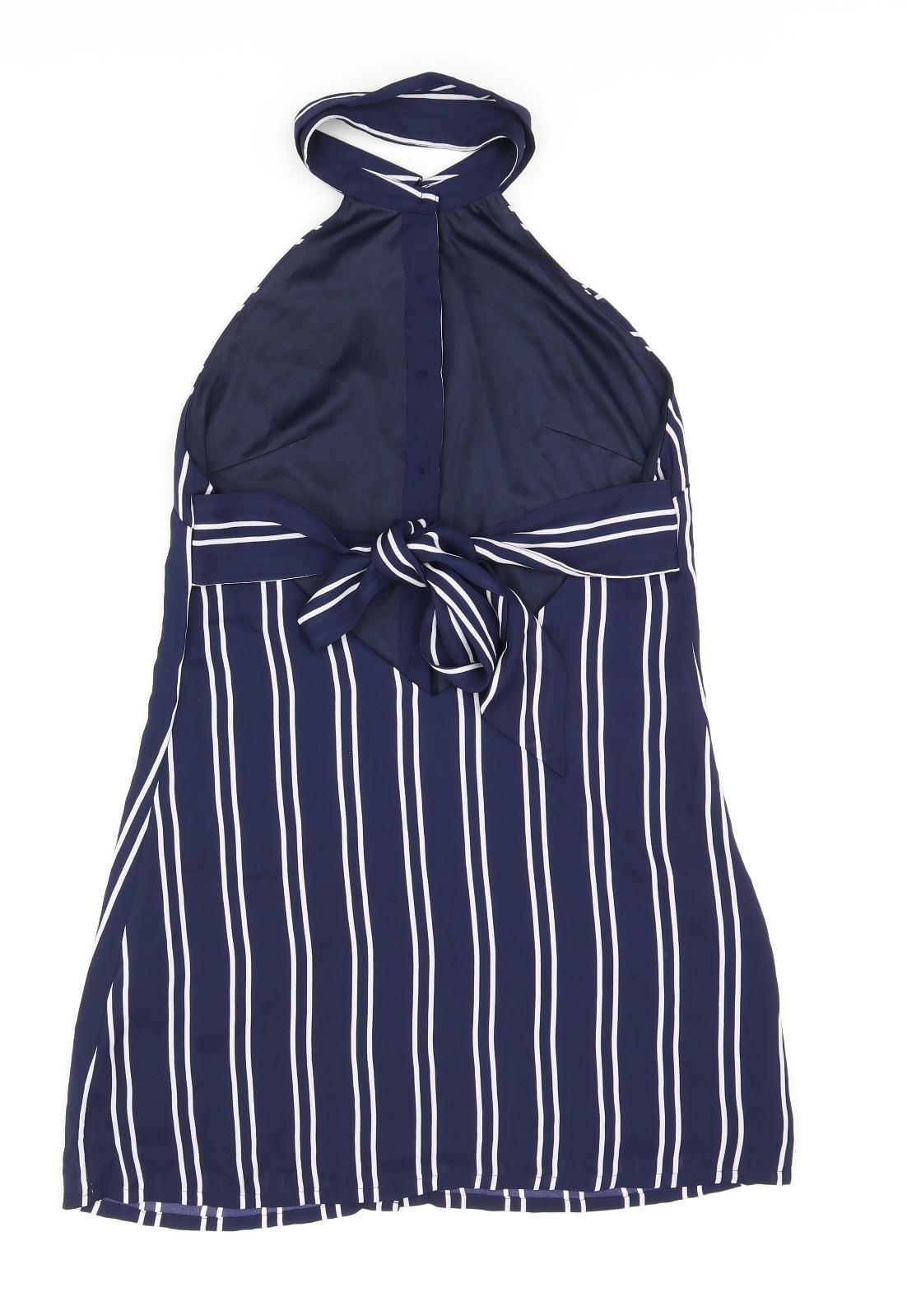 Boohoo Womens Blue Striped Polyester Basic Button-Up Size 8 Halter - Open Back
