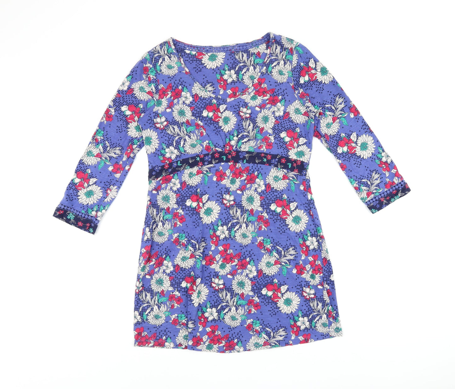 Marks and Spencer Womens Blue Floral Cotton Basic T-Shirt Size 10 V-Neck