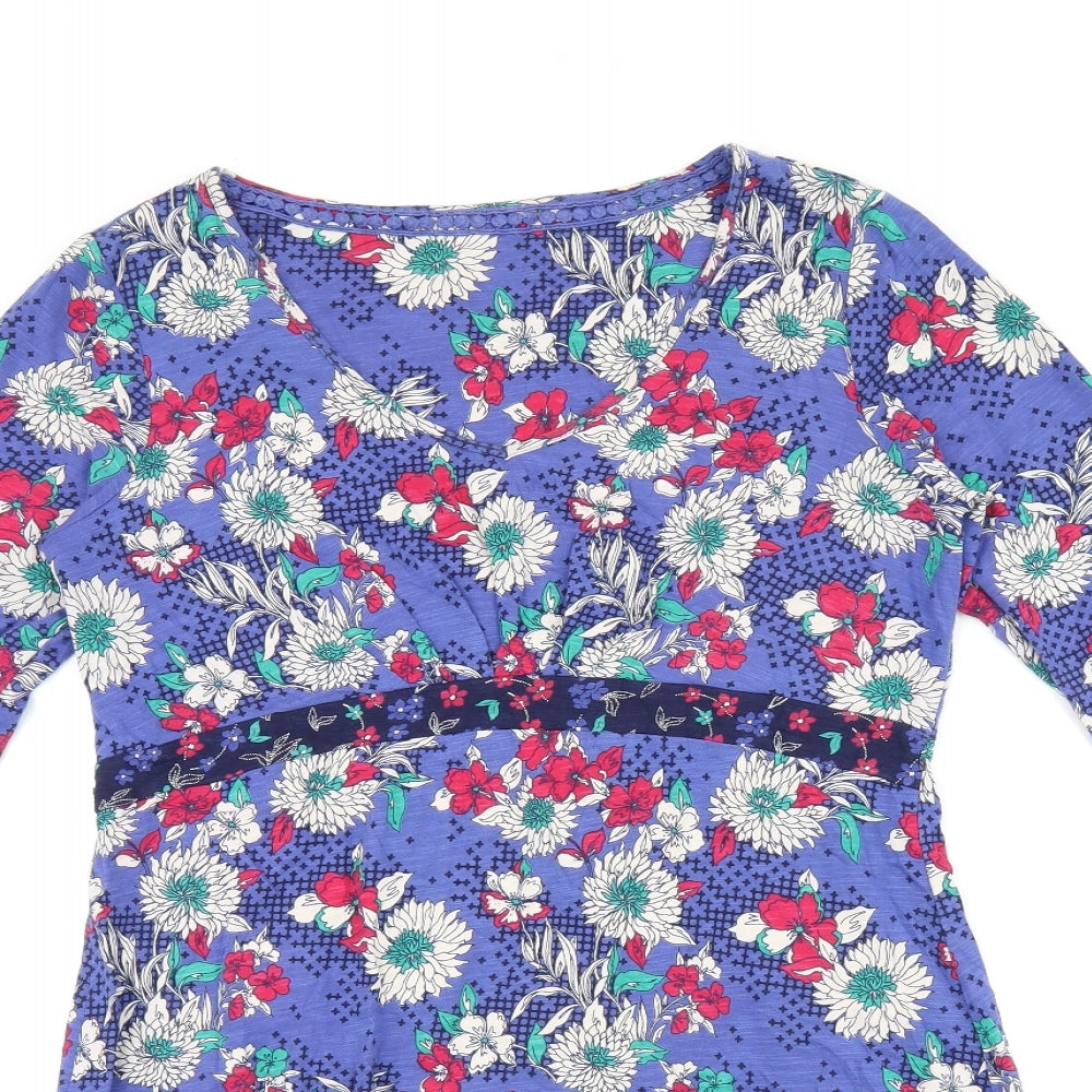 Marks and Spencer Womens Blue Floral Cotton Basic T-Shirt Size 10 V-Neck