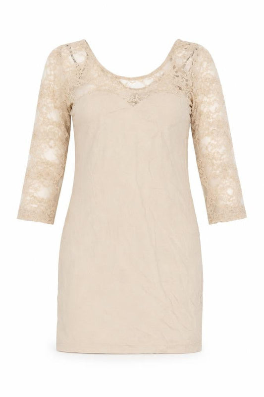 H&M Womens Beige Polyamide Bodycon Size 8 Boat Neck Pullover - Lace Sleeves and Neckline