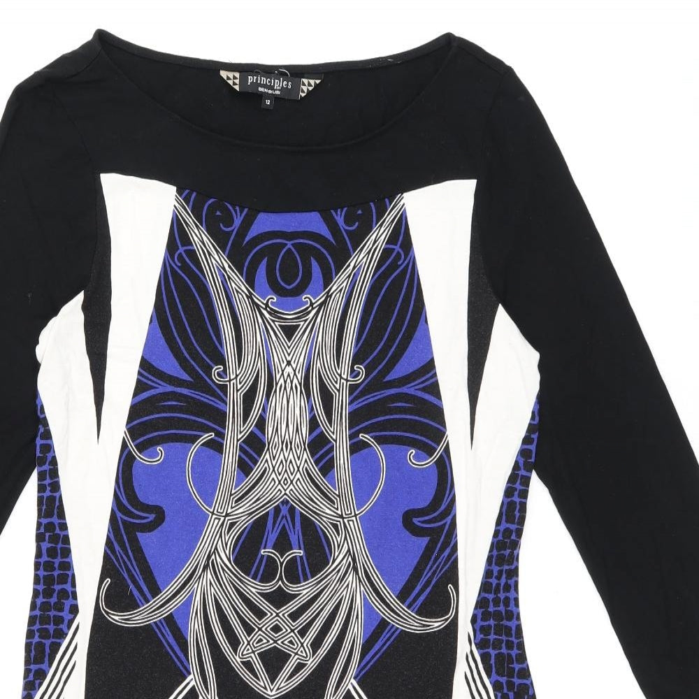 Principles Womens Black Geometric Viscose Shift Size 12 Boat Neck Pullover