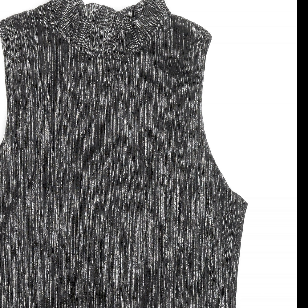 Adiva Womens Black Striped Polyester Basic Tank Size L Round Neck