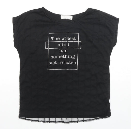 Sweet Fleur Womens Black Cotton Basic T-Shirt Size M Round Neck - Wisest Mind Has Something To Learn, Mesh Front