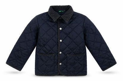 Front view of United Colors of Benetton boys’ blue quilted jacket, size 4, years snap
