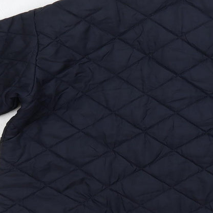 Brand and care label for United Colors of Benetton boys’ blue quilted jacket, size 4, years snap