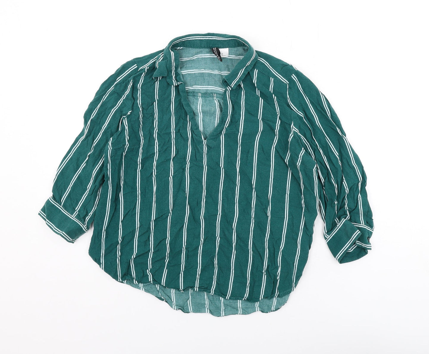 Divided Womens Green Striped Viscose Basic Blouse Size 12 Collared