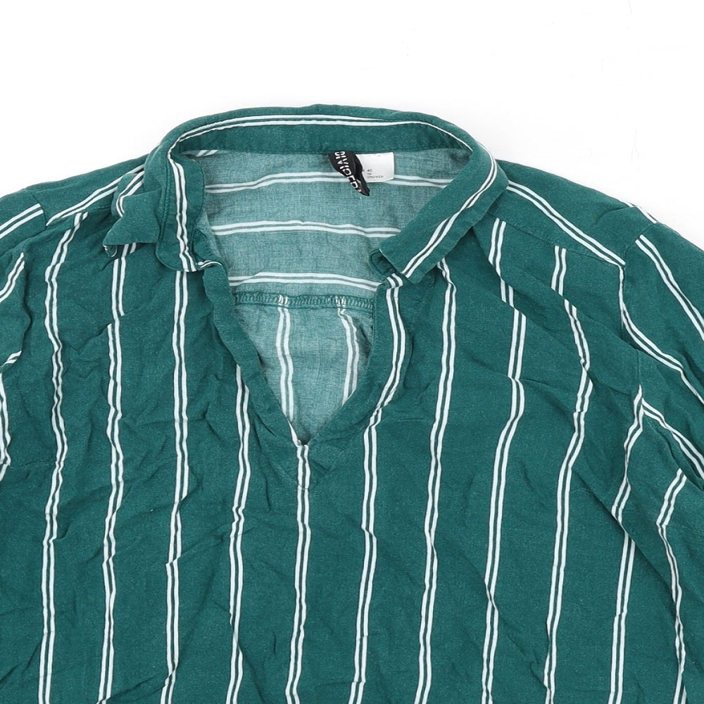 Divided Womens Green Striped Viscose Basic Blouse Size 12 Collared