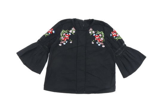 Topshop Womens Black Floral 100% Cotton Basic Blouse Size 8 Round Neck