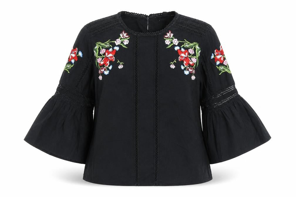 Topshop Womens Black Floral 100% Cotton Basic Blouse Size 8 Round Neck
