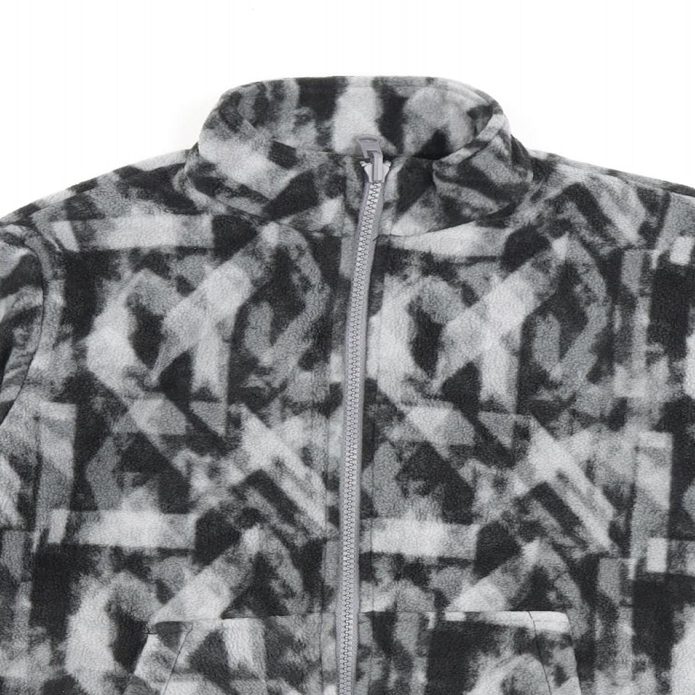 Close-up detail of Eddie Bauer girls’ grey geometric jacket, size 10-11, years zip