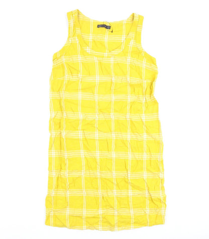 Marks & Spencer Womens Yellow Check Flax A-Line Size 10 Round Neck Pullover